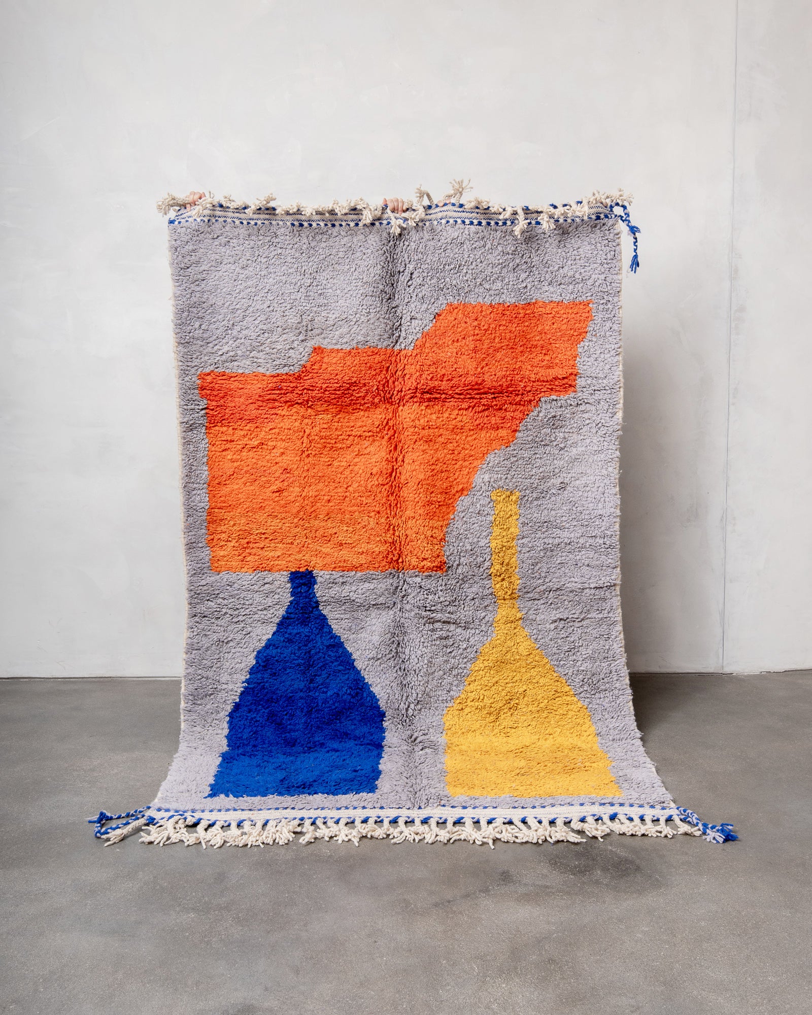 Modern, designer, handcrafted Berber rug from Morocco. Beniourain carpet with beautiful colours and patterns and fluffy wool texture.